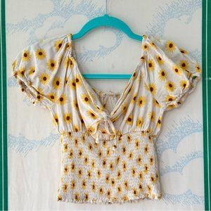 MISS SELFIE sunflower daisy ruched peasant crop top blouse small boho trendy